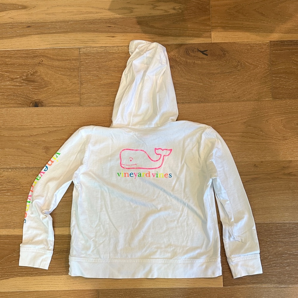 Vineyard Vines White Girls' Hoodie with Pink Whale and Multicolor Sleeve